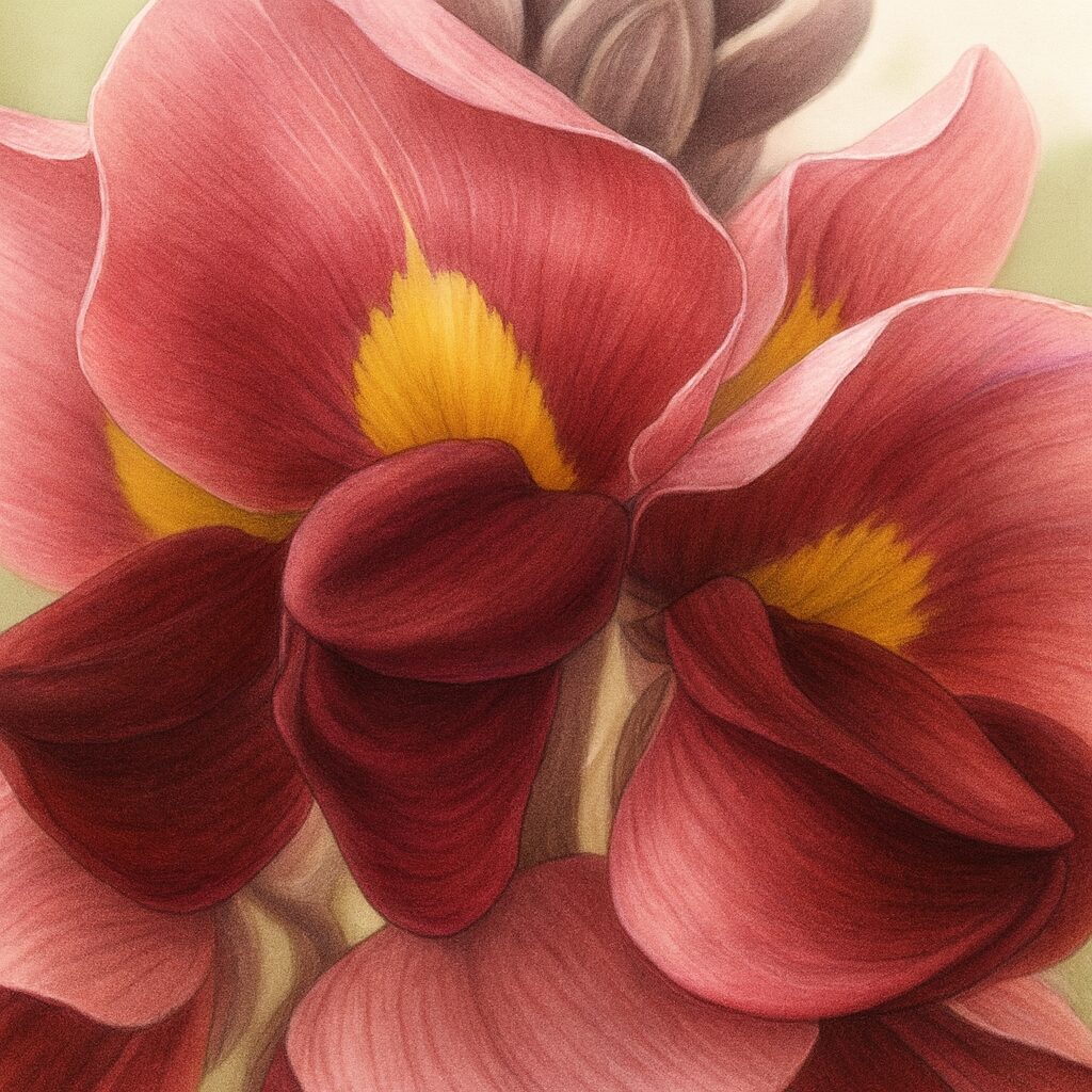 クズの花を描いたリアルな接写ボタニカルイラスト｜赤紫色の花びらと黄色の斑点を持つ夏の日本の蔓植物