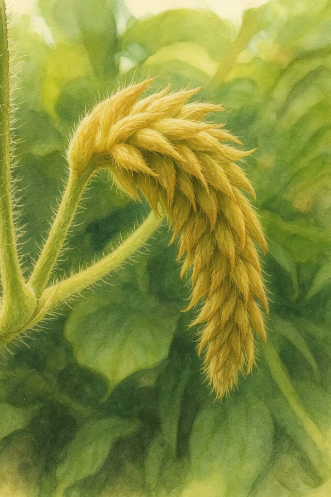 クズのつぼみを描いたリアルなボタニカルイラスト｜黄金色の毛に覆われた未開花の花序と緑の葉背景