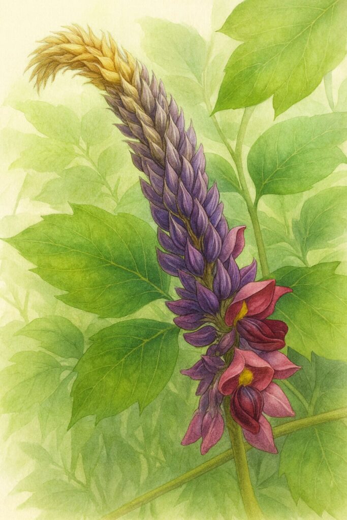 クズの花穂を描いたリアルなボタニカルイラスト｜黄緑から紫・赤紫へ色づく花序と緑の葉の背景