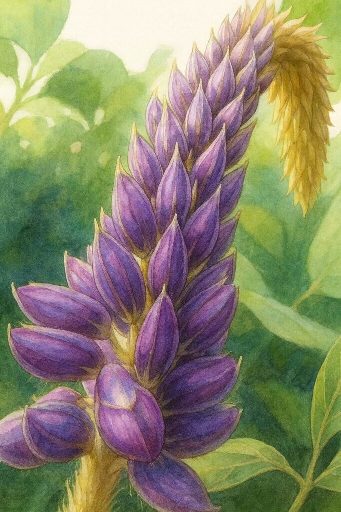 クズの花穂を描いたリアルなボタニカルイラスト｜紫色のつぼみが密集して並ぶ夏の蔓植物