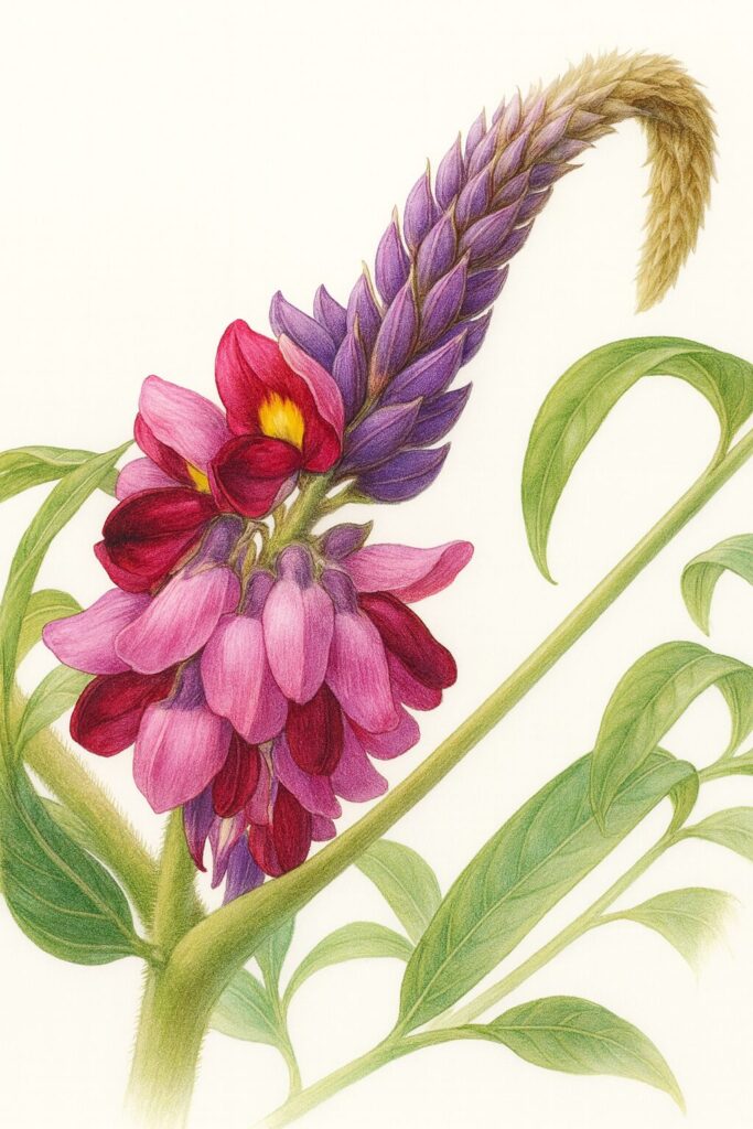 クズの花穂を描いたリアルなボタニカルイラスト｜紫色のつぼみから赤紫の花が咲き黄色の斑点が特徴的な夏の蔓植物