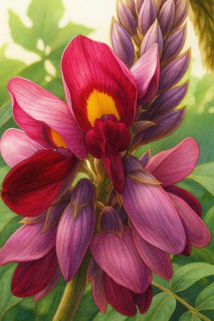 クズの花を描いたリアルなボタニカルイラスト｜赤紫の花びらと黄色の斑点が特徴的な夏の蔓植物