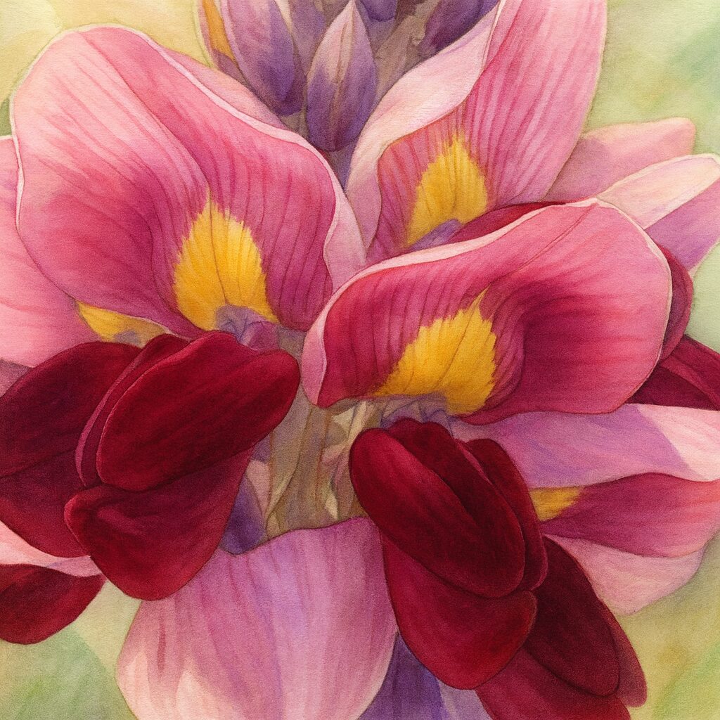 クズの花を描いたリアルなボタニカルイラスト｜赤紫の花びらと黄色の斑点が美しい夏の蔓植物