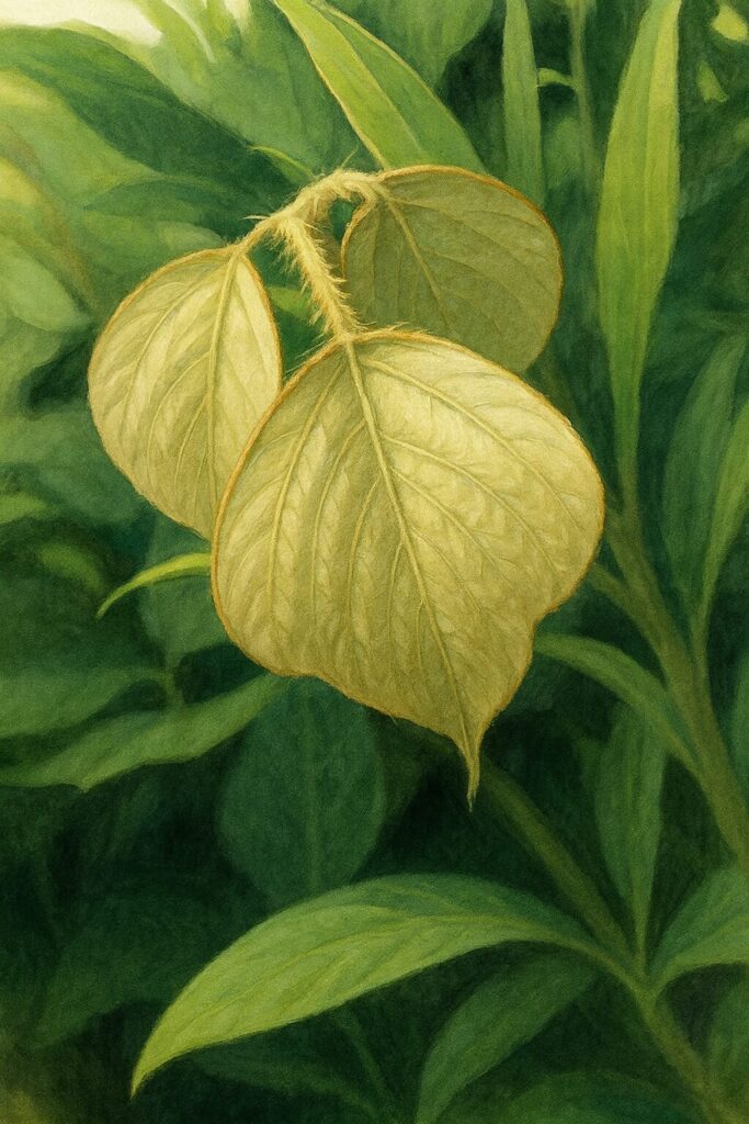 クズの若葉を描いたリアルなボタニカルイラスト｜産毛に覆われた淡緑色の新芽と柔らかな葉の質感