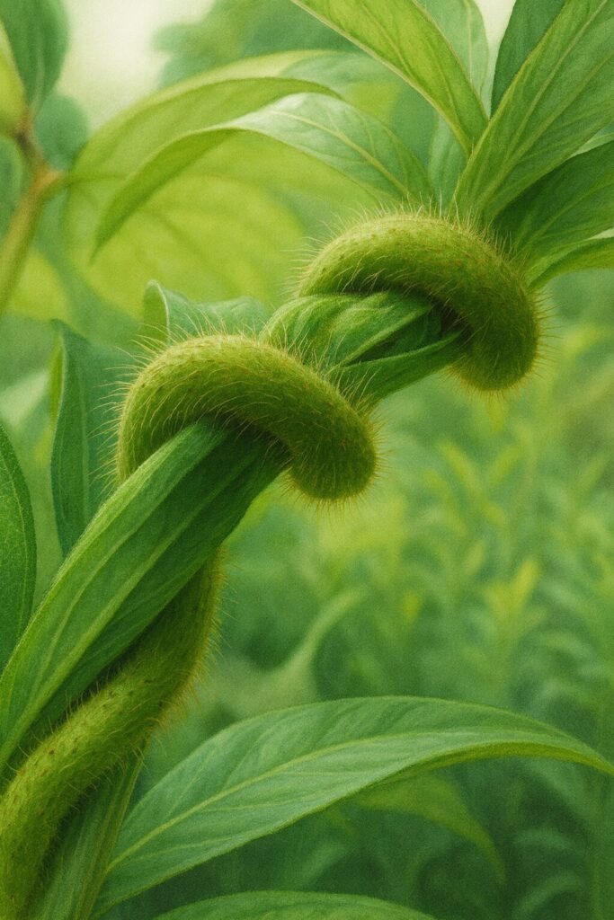 クズのつるを描いたリアルなボタニカルイラスト｜産毛に覆われた若いつるが茎に巻きつく姿