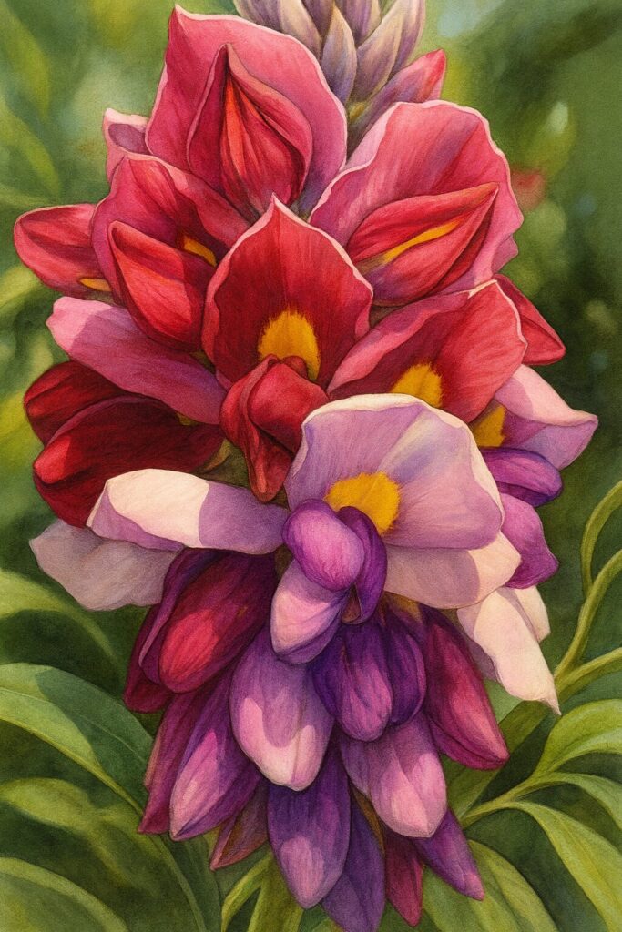 クズの花を描いたリアルなボタニカルイラスト｜赤紫から紫に変化する花びらと黄色の斑点を持つ夏の蔓植物