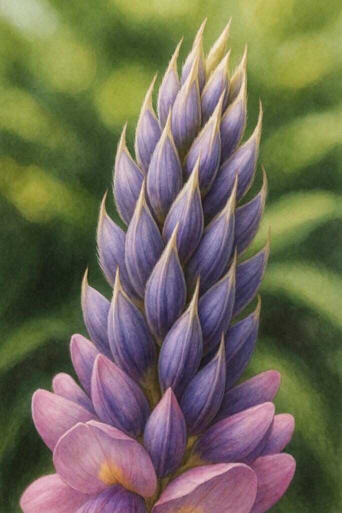 クズの花穂を描いたリアルなボタニカルイラスト｜紫色のつぼみが密集し規則的に並ぶ夏の蔓植物