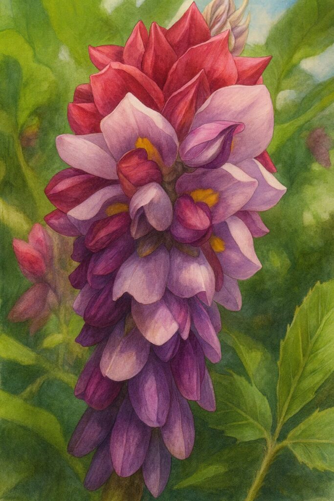 クズの花穂を描いたリアルなボタニカルイラスト｜赤紫から紫に移ろう花びらと黄色の斑点が特徴的な夏の蔓植物