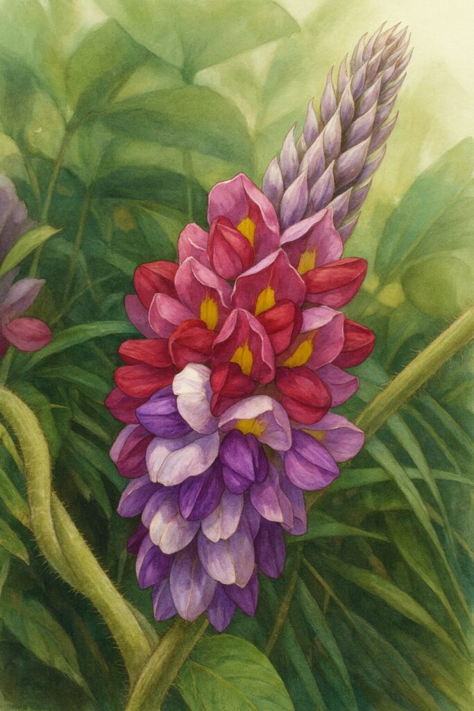 クズの花穂を描いたリアルなボタニカルイラスト｜紫のつぼみから赤紫の花が咲き黄色の斑点が映える夏の蔓植物