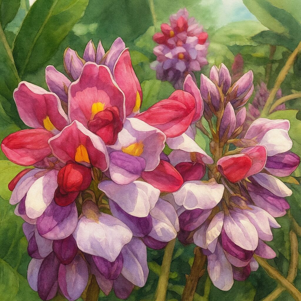 クズの花を描いたリアルなボタニカルイラスト｜赤紫から薄紫に色づく花が集まり黄色の斑点が映える夏の蔓植物