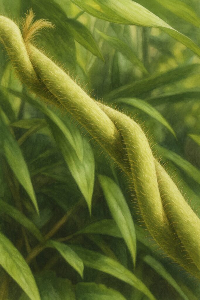 クズのつるを描いたリアルなボタニカルイラスト｜産毛に覆われた茎がねじれながら伸びる姿