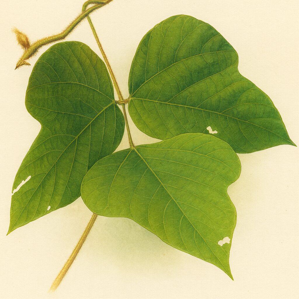 クズの葉を描いたリアルなボタニカルイラスト｜三出複葉の形と緑の葉脈が鮮明な夏の蔓植物