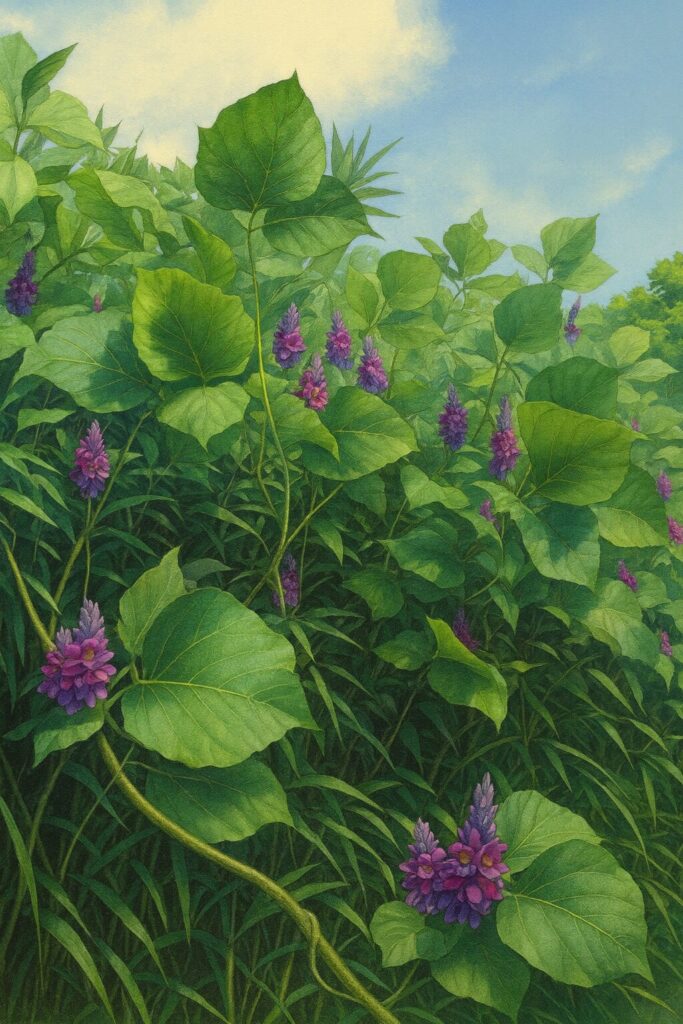 クズの群生を描いたボタニカルイラスト｜青空を背景に広がる大きな緑の葉と紫紅色の花房が特徴的な蔓植物