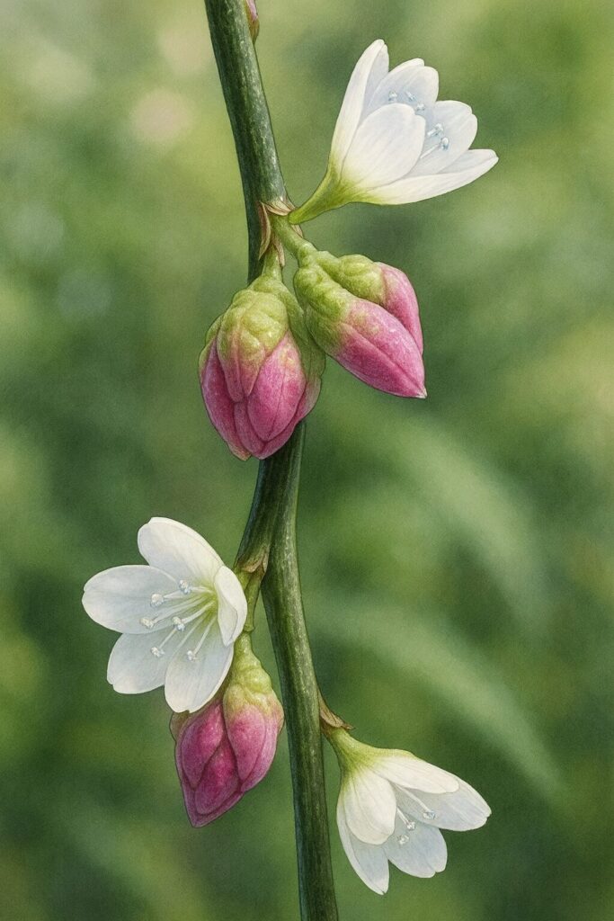 ヤナギタデの白い花とピンク色のつぼみを写実的に描いた植物イラスト