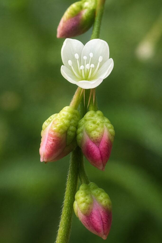 ヤナギタデの白い花と淡いピンクのつぼみを写実的に描いた植物イラスト