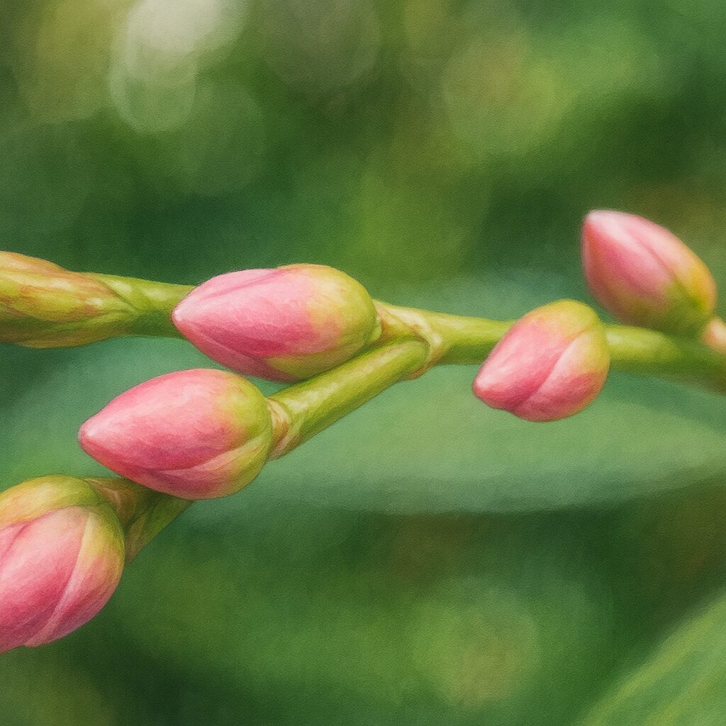 ヤナギタデの淡いピンクのつぼみを写実的に描いた植物イラスト