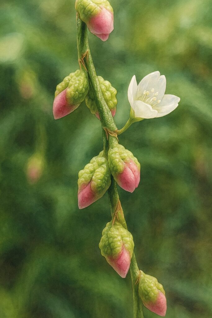 ヤナギタデの茎に連なるピンクのつぼみを写実的に描いた植物イラスト