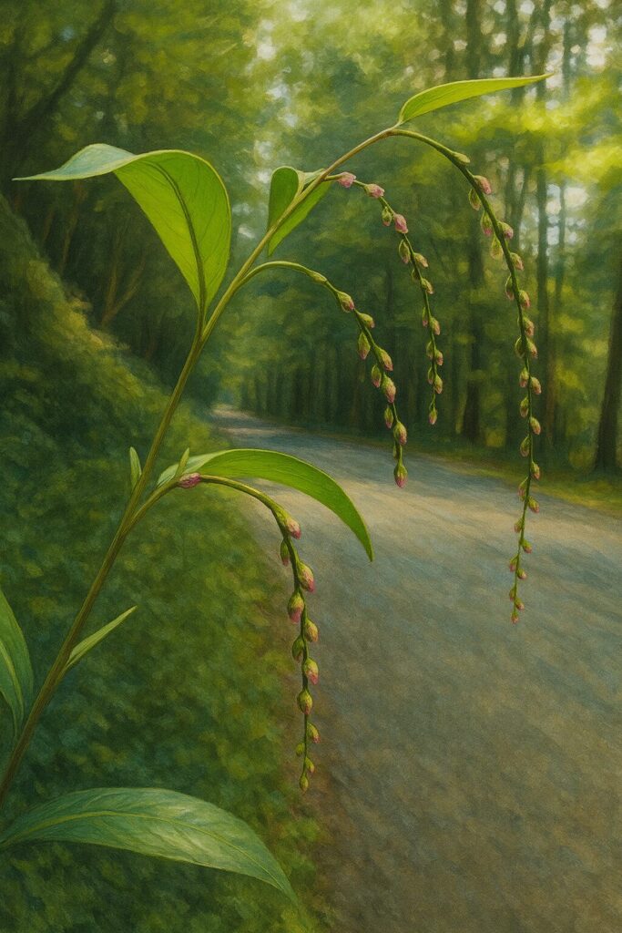 林道を背景にヤナギタデの細長い花序と緑の葉を描いたボタニカルイラスト