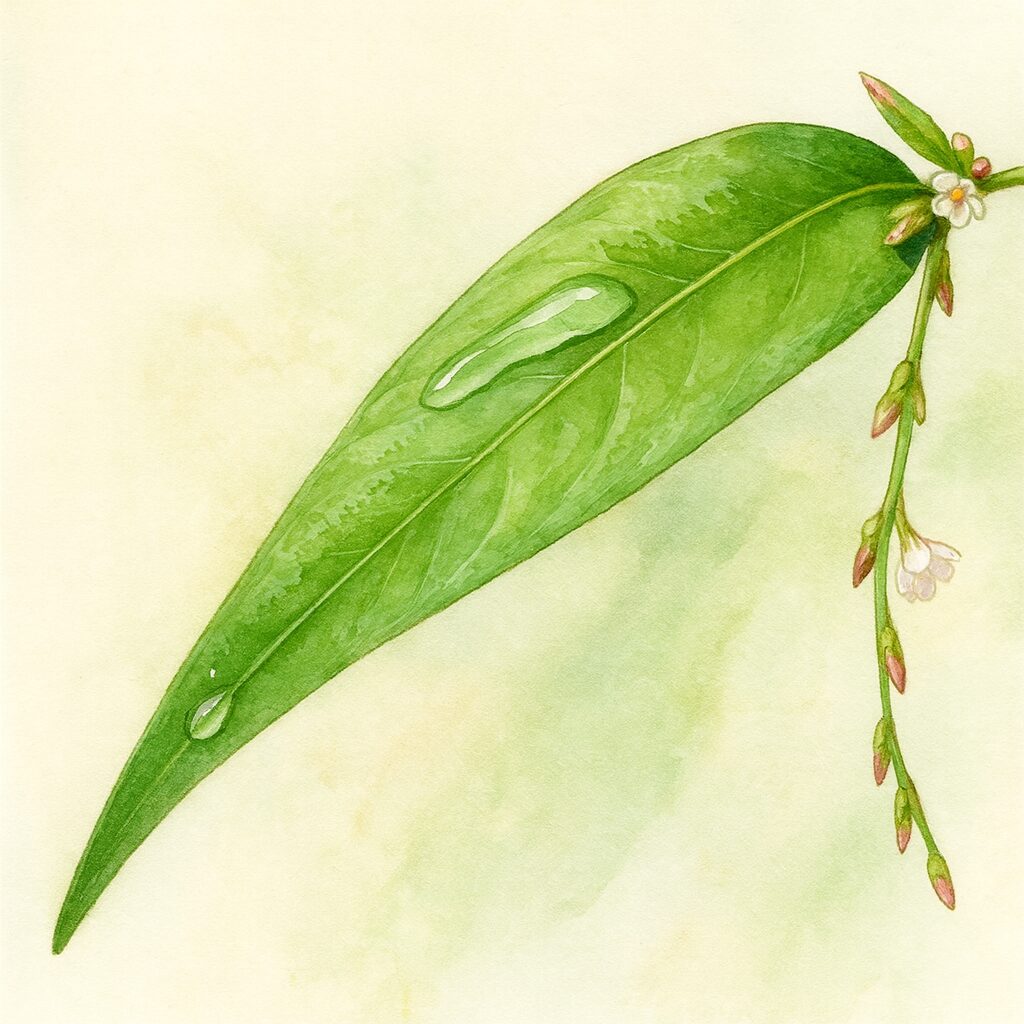水滴の残るヤナギタデの葉とつぼみ・小花を描いたボタニカルイラスト