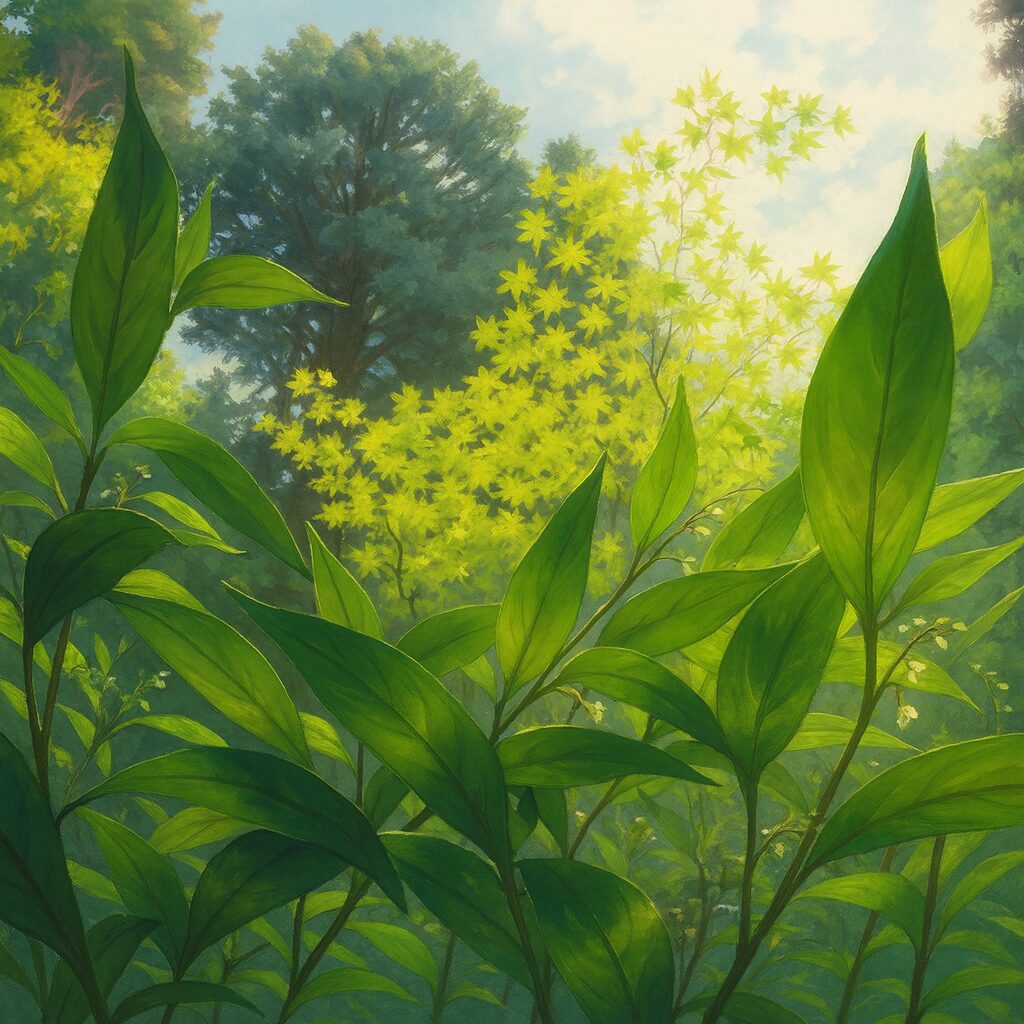 森の木漏れ日を背景にヤナギタデの葉と林の緑を描いたボタニカルイラスト