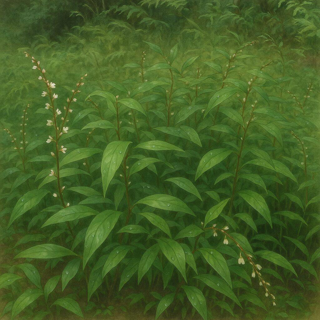 湿った林床に群生するヤナギタデの細長い葉と花穂を描いたボタニカルイラスト