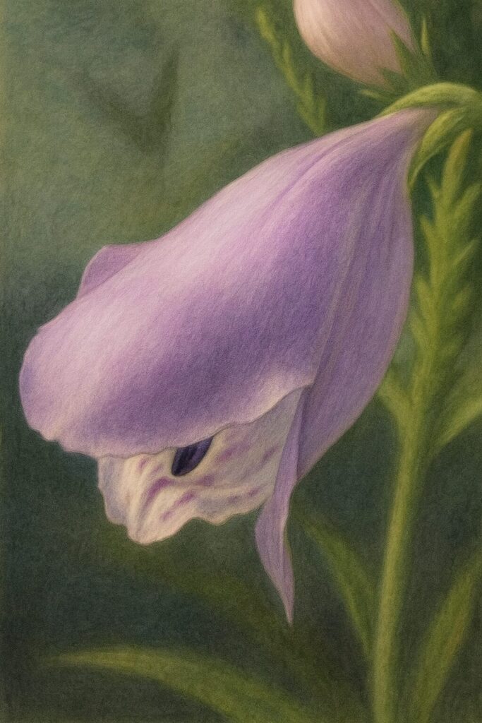 ハナトラノオの蕾が開きかけた様子を描いたリアルなイラスト｜淡紫色の花びらと柔らかな質感を表現したボタニカルアート