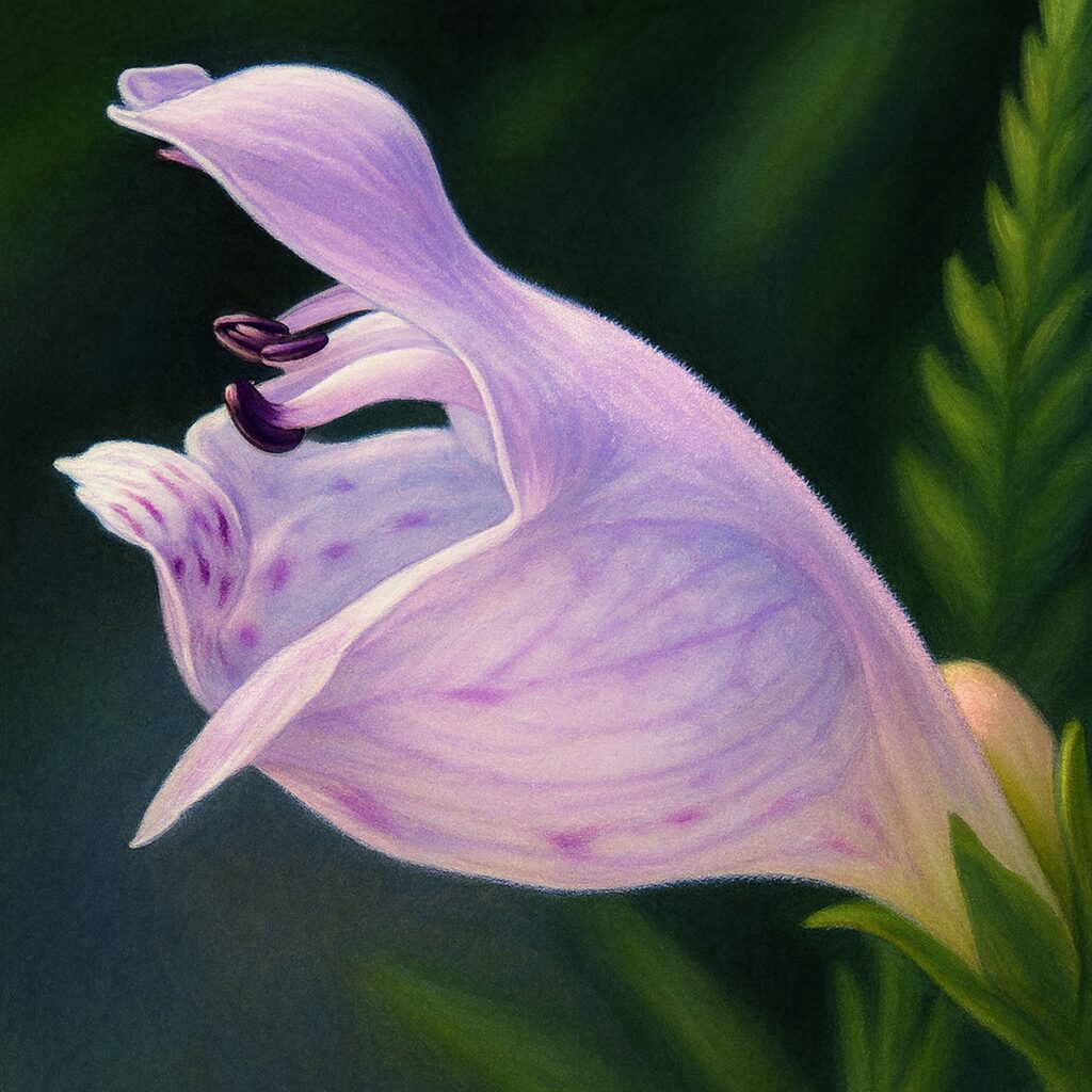 横から見たハナトラノオの花を描いたリアルなイラスト｜淡紫色の花びらと雄しべを繊細に表現したボタニカルアート