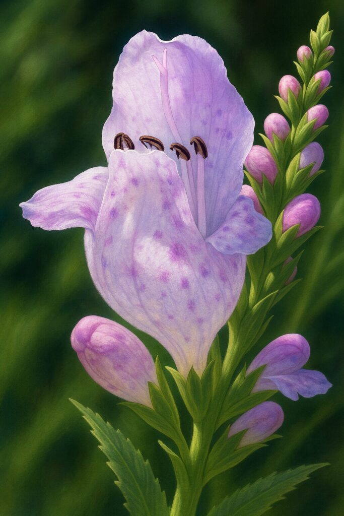 日本の秋に咲くハナトラノオを描いたリアルな植物イラスト、淡いピンクの花とつぼみを細密に表現