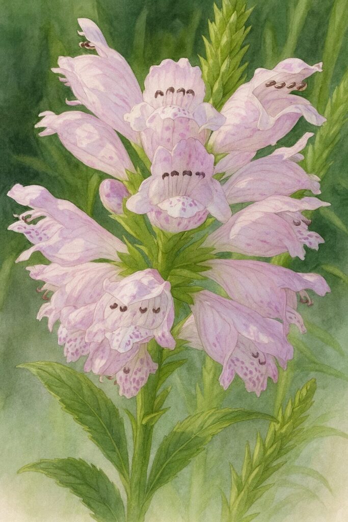 日本の秋に咲くハナトラノオを描いたリアルな植物イラスト、薄紫の花が密集して咲く様子を細密に表現