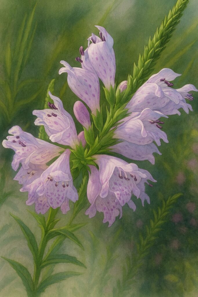 日本の秋に咲くハナトラノオを描いたリアルな植物イラスト、薄紫の花が穂状に並んで咲く様子を精密に表現