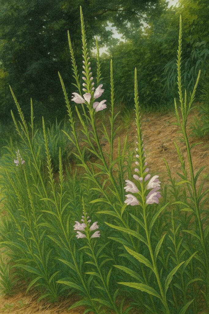 日本の野原に群生するハナトラノオを描いたリアルな植物イラスト、細長い緑の茎に薄紫の花穂が咲く自然風景