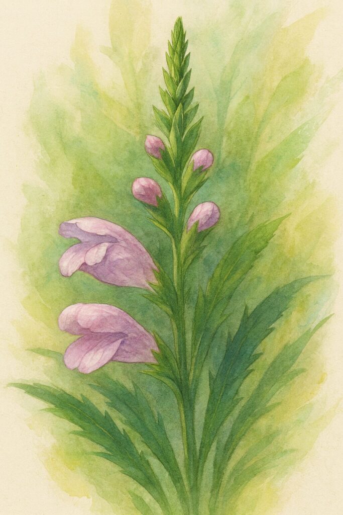 ハナトラノオのつぼみと紫色の花を丁寧に描いた植物イラスト クローズアップ