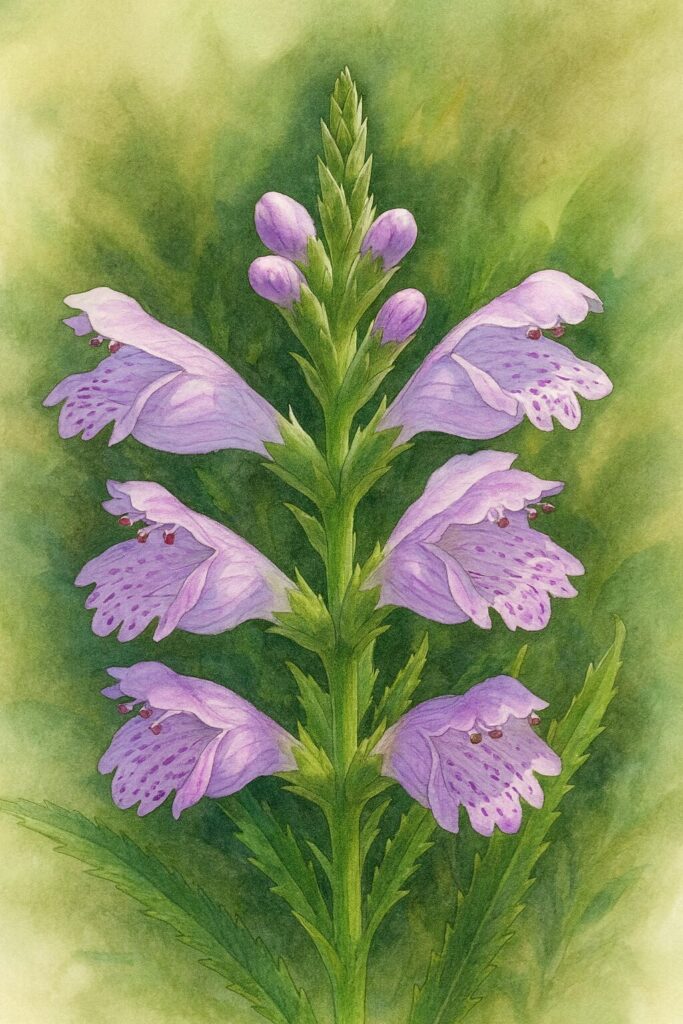 ハナトラノオの紫色の花を写実的に描いた植物イラスト 正面構図