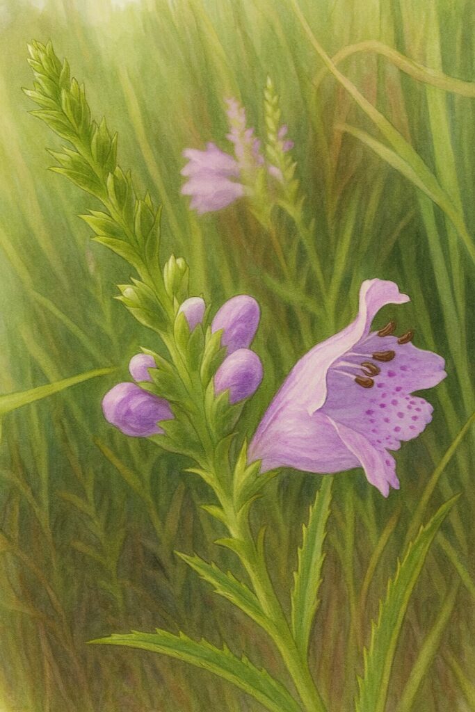 草地に咲くハナトラノオの紫色の花とつぼみを写実的に描いた植物イラスト