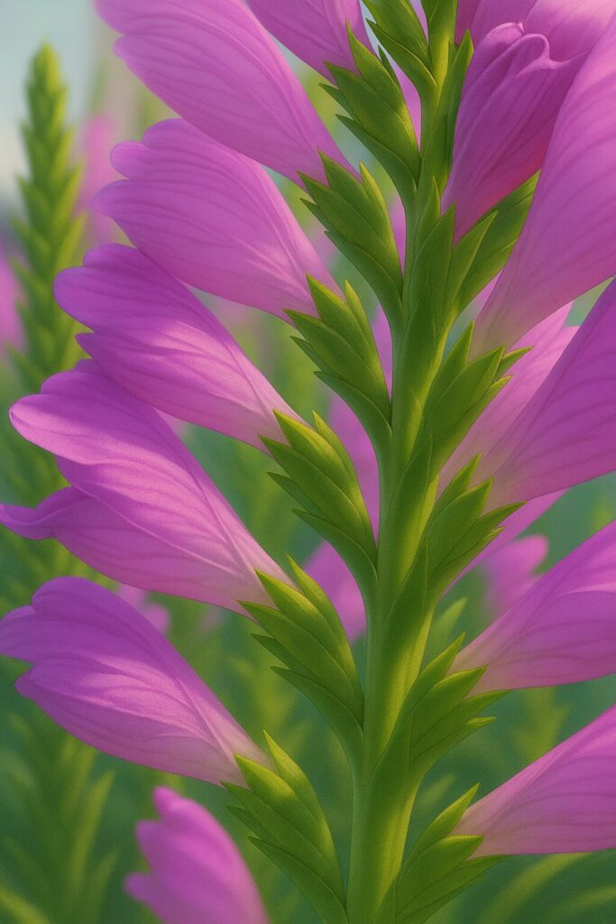 ハナトラノオの花をクローズアップしたデジタルイラスト、鮮やかなピンク色の花と緑の茎が美しく描かれている