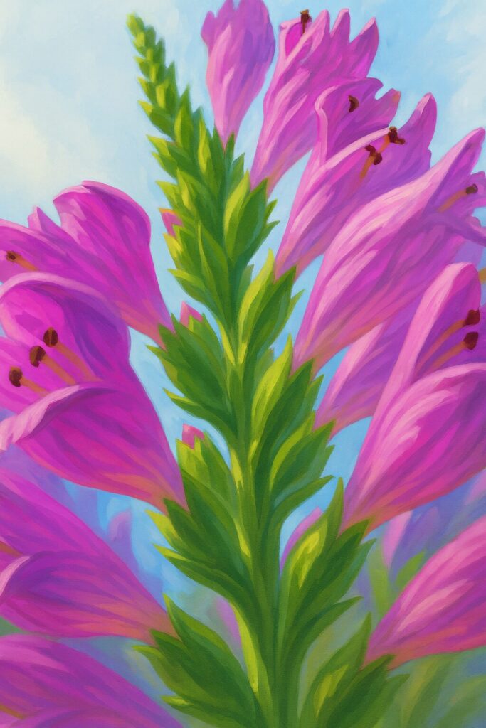 青空を背景にハナトラノオの花を低角度から描いたデジタルイラスト、鮮やかなピンクの花と緑の茎が映える