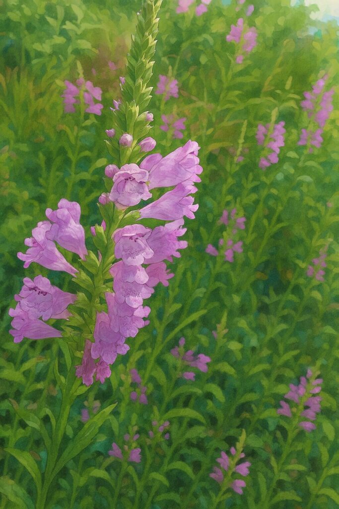 緑の草原に咲くハナトラノオを描いたデジタルイラスト、ピンク色の花穂が美しく際立つ