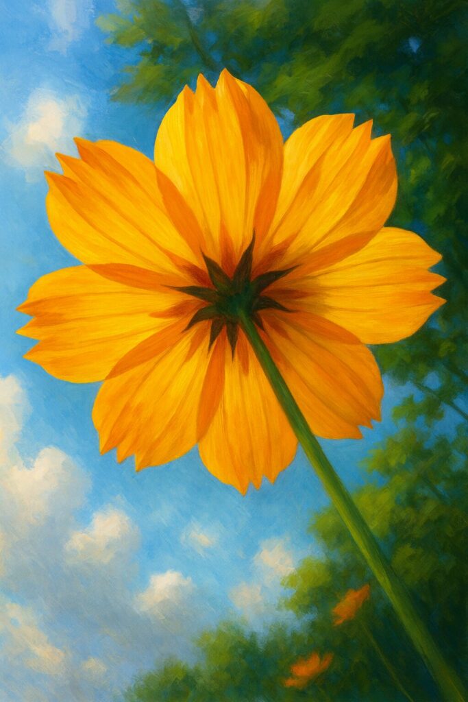 キバナコスモスの花を下から見上げたイラスト｜青空と雲を背景に光を浴びて輝くオレンジ色の花びら