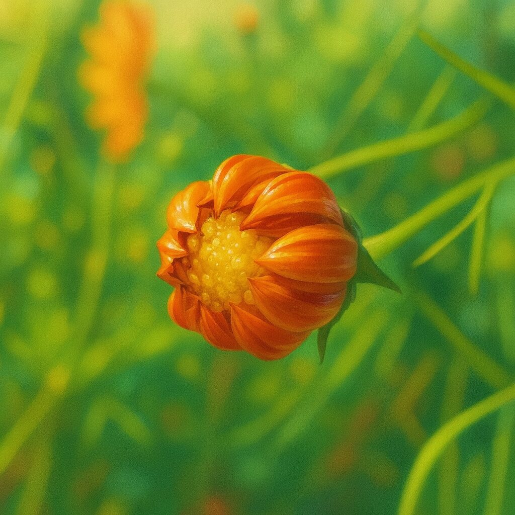 キバナコスモスのつぼみをクローズアップで描いたイラスト｜光を受けて鮮やかに輝くオレンジ色の花びらと柔らかな緑背景