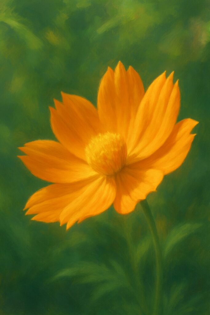 キバナコスモスの咲きかけた花を描いたイラスト｜鮮やかなオレンジ色の花びらと黄色い中心部が際立つ構図