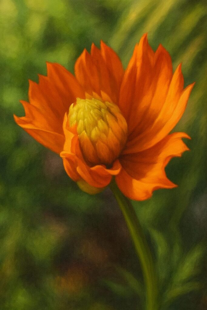 キバナコスモスの咲き始めの花を描いたイラスト｜鮮やかなオレンジ色の花びらと黄緑色の中心が映える構図