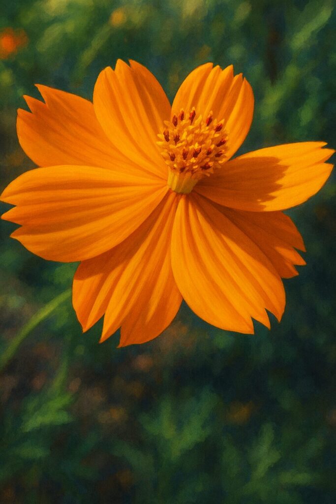 キバナコスモスの満開の花を描いたイラスト｜オレンジ色の花びらと黄色い花芯が際立つリアルな構図