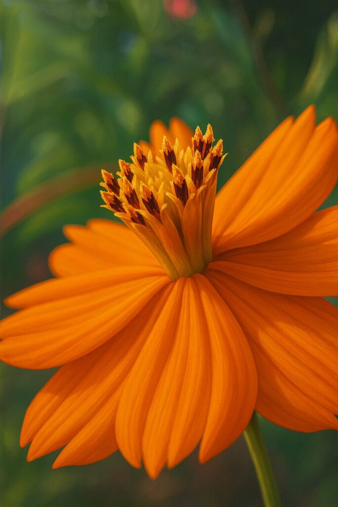 キバナコスモスの花をリアルに描いたイラスト｜オレンジ色の花びらと赤みを帯びた雄しべが際立つ構図