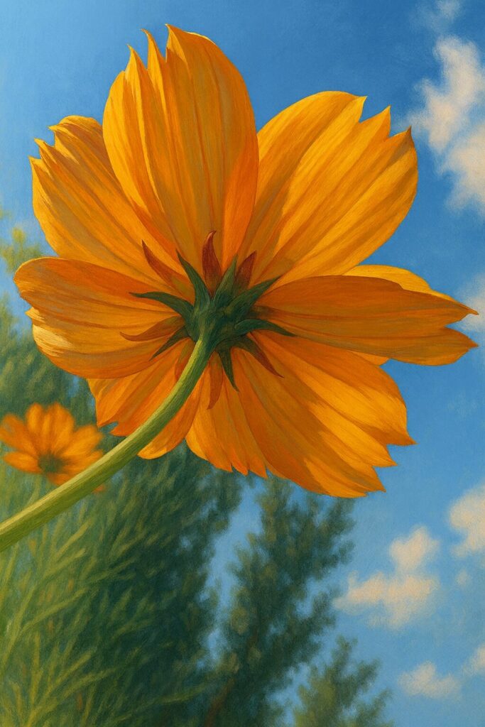 キバナコスモスの花を下から見上げて描いたイラスト｜青空を背景に光を浴びて透けるオレンジ色の花びら