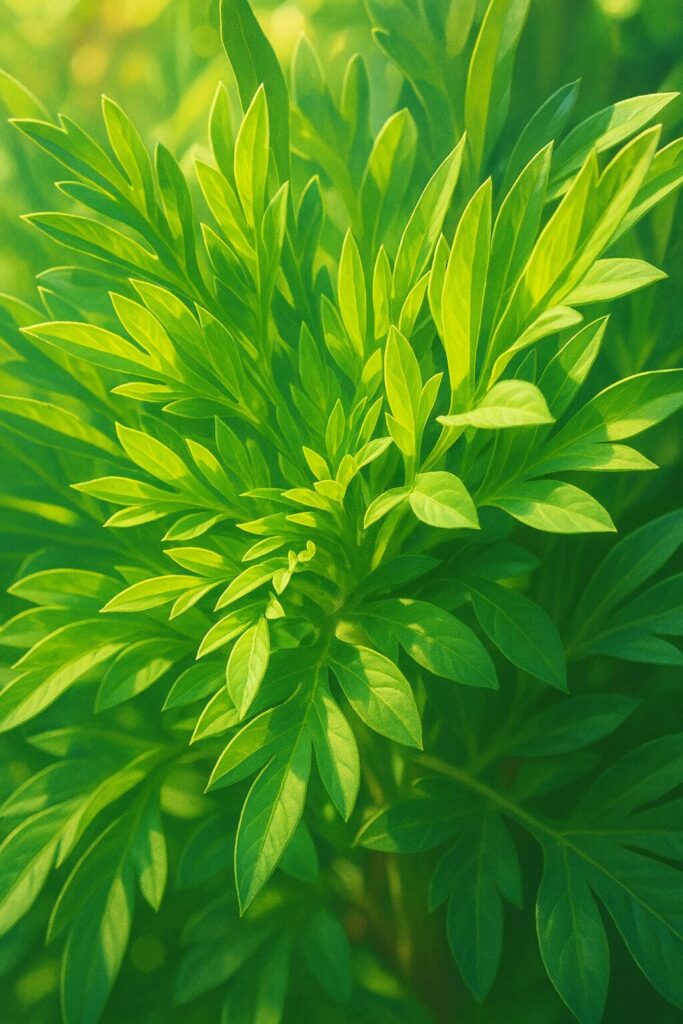 キバナコスモスの葉を描いたイラスト｜光を浴びて輝く細長い緑の葉が茂る様子