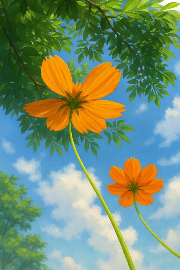 キバナコスモスを下から見上げて描いたイラスト｜青空と雲、木の葉を背景に伸びるオレンジ色の花