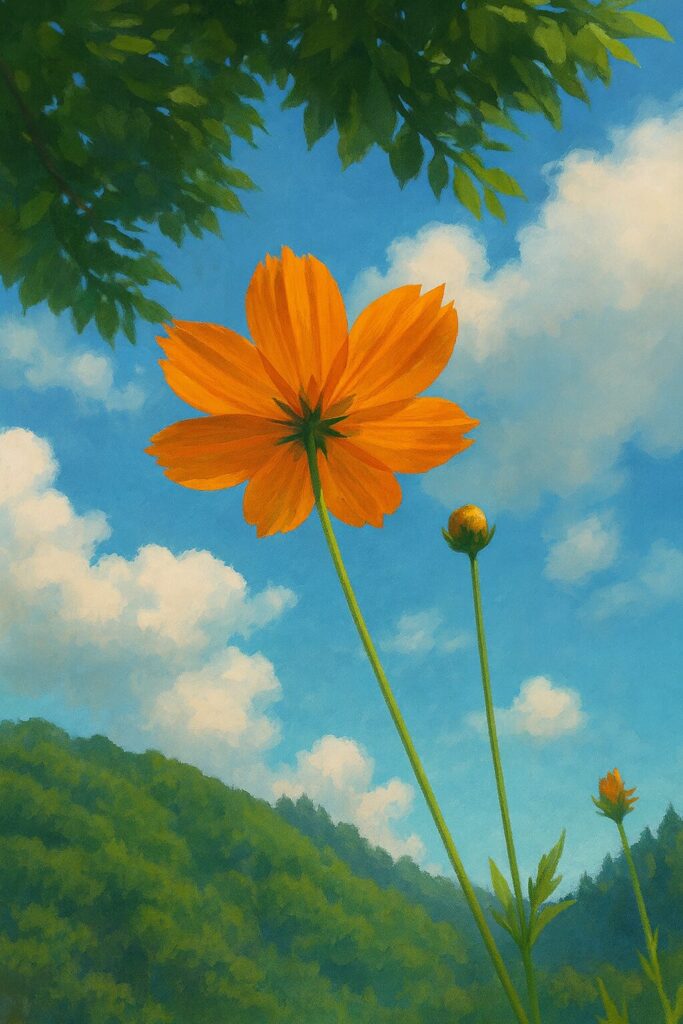 キバナコスモスを下から見上げて描いたイラスト｜青空と雲、山の風景を背景に伸びるオレンジ色の花