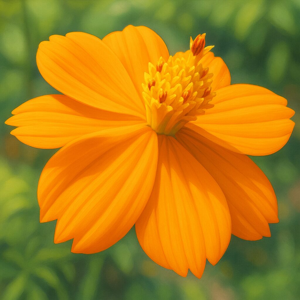 キバナコスモスの花をクローズアップで描いたイラスト｜オレンジ色の花びらと黄色い花芯が際立つリアルな構図