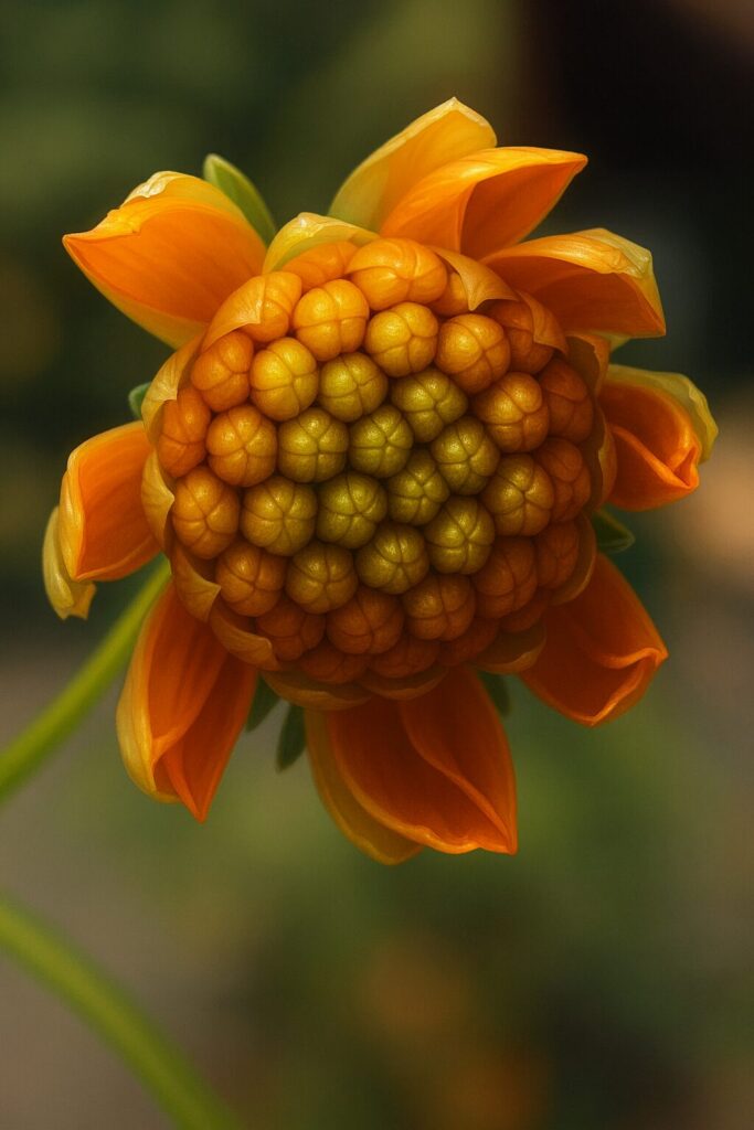 キバナコスモスの開きかけたつぼみを描いたイラスト｜黄色い小花が集合した中心とオレンジ色の花びらが際立つ構図