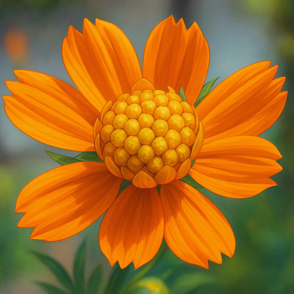 キバナコスモスの花をクローズアップで描いたイラスト｜鮮やかなオレンジ色の花びらと中央の黄色い小花が際立つ構図